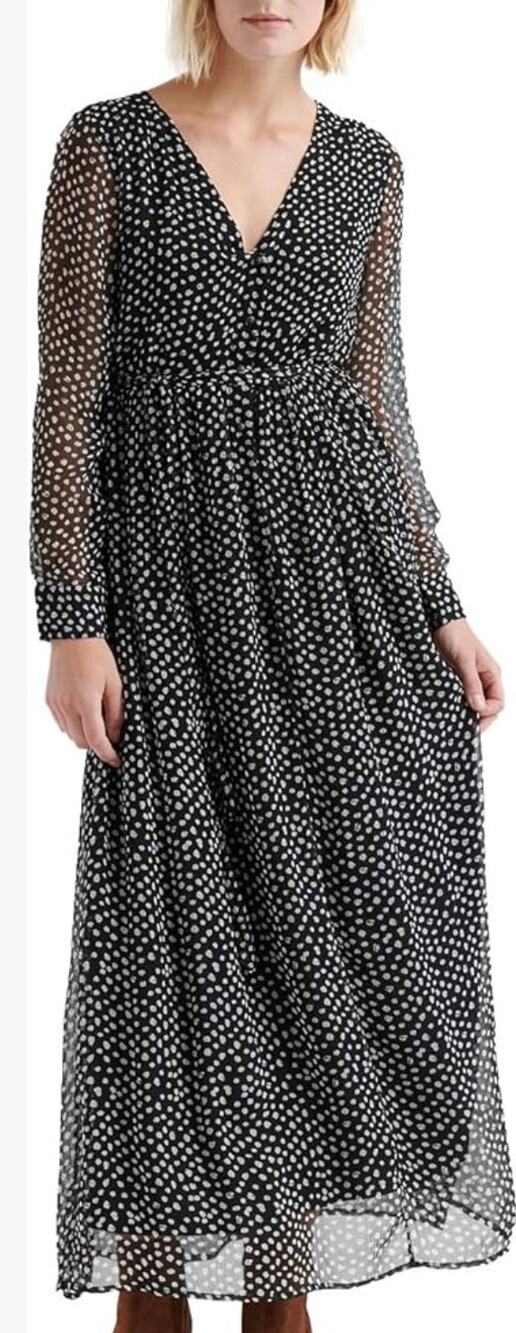 Lucky Brand Polka Dot Sheer Maxi Dress Size Large Black White Long Sleeve Belted
